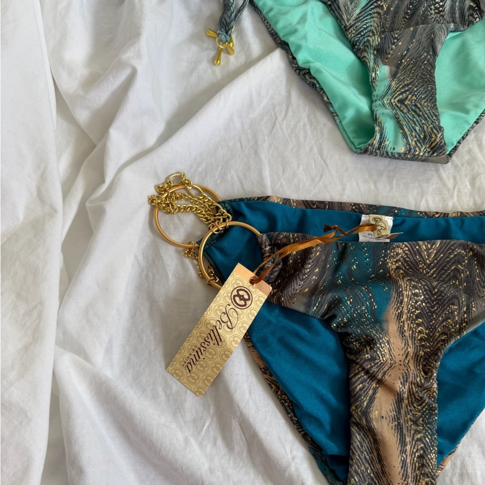 Bellissima Luxury Bikini Bottoms Teal & Bronze Feather Print Side Tie Size L NEW - Picture 11 of 16